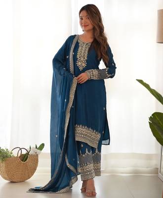 Women's Gorgeous Embroidery Work Chinon Silk Fabric Straight Kurta Pant and Dupatta Set 5