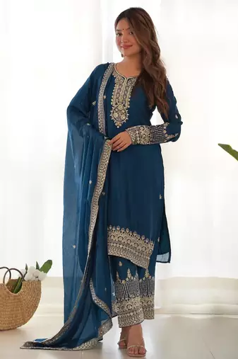 Women's Gorgeous Embroidery Work Chinon Silk Fabric Straight Kurta Pant and Dupatta Set