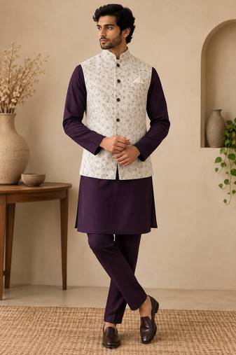 Men's silk maroon embroidery kurta-jacket-set