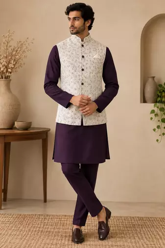 Men's silk maroon embroidery kurta-jacket-set