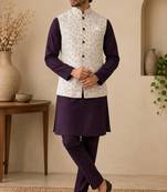 Men's silk maroon embroidery kurta-jacket-set