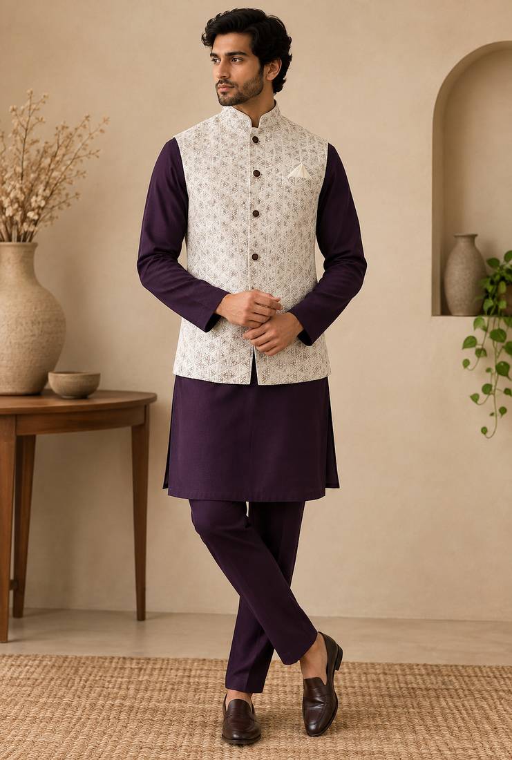 Men's silk maroon embroidery kurta-jacket-set