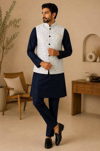 Men's silk blue embroidery kurta-jacket-set