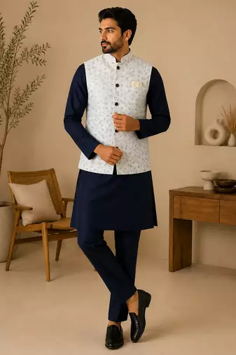 Men's silk blue embroidery kurta-jacket-set