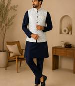 Men's silk blue embroidery kurta-jacket-set