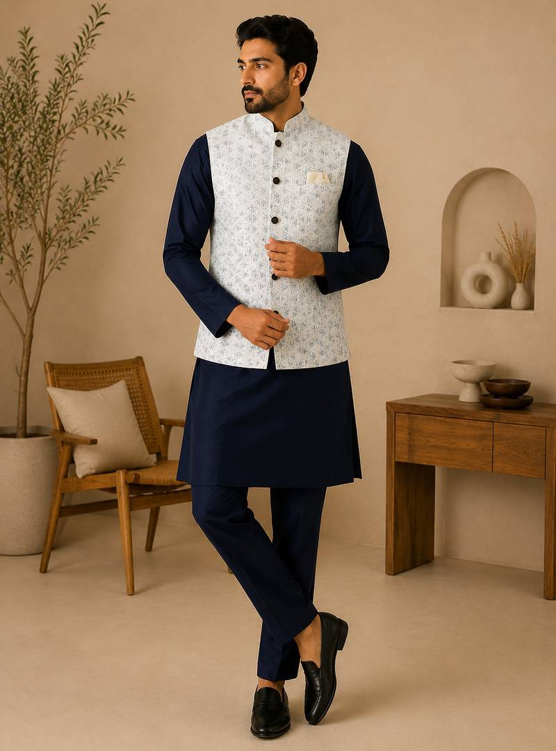 Men's silk blue embroidery kurta-jacket-set