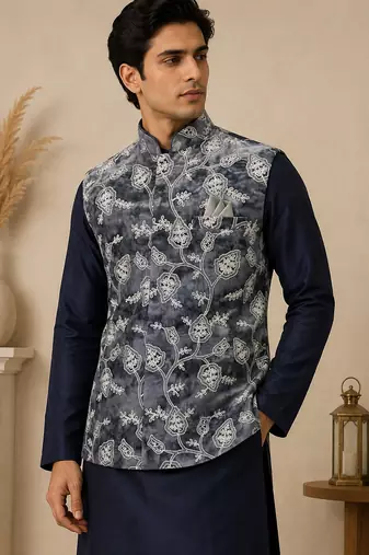 Men's silk blue embroidery kurta-jacket-set