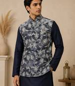 Men's silk blue embroidery kurta-jacket-set