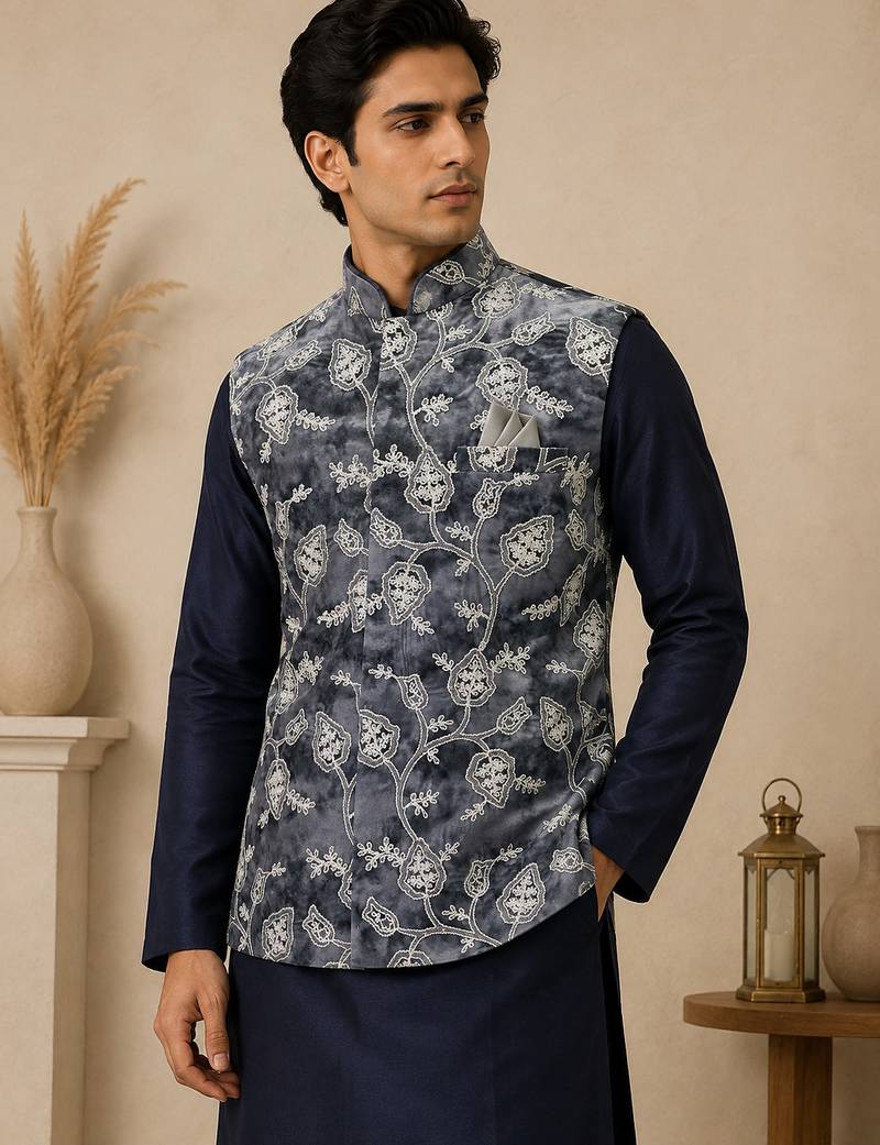 Men's silk blue embroidery kurta-jacket-set