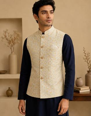 Men's silk blue embroidery kurta-jacket-set 1