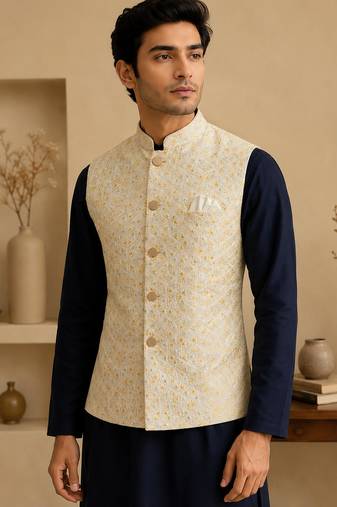 Men's silk blue embroidery kurta-jacket-set