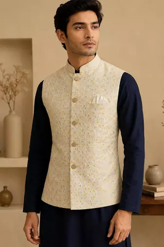 Men's silk blue embroidery kurta-jacket-set