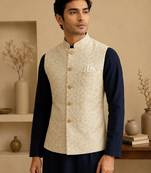 Men's silk blue embroidery kurta-jacket-set