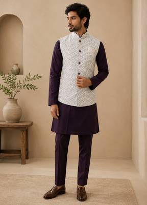 Men's silk maroon embroidery kurta-jacket-set 1