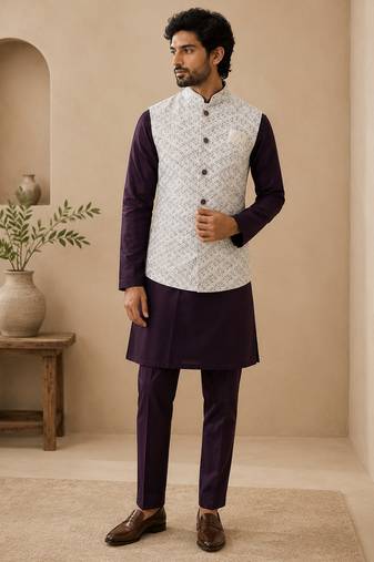 Men's silk maroon embroidery kurta-jacket-set