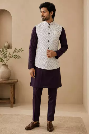 Men's silk maroon embroidery kurta-jacket-set