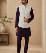 Men's silk maroon embroidery kurta-jacket-set