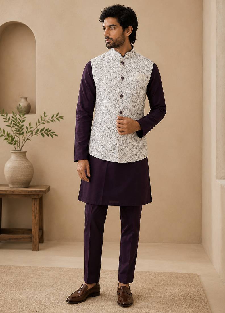 Men's silk maroon embroidery kurta-jacket-set