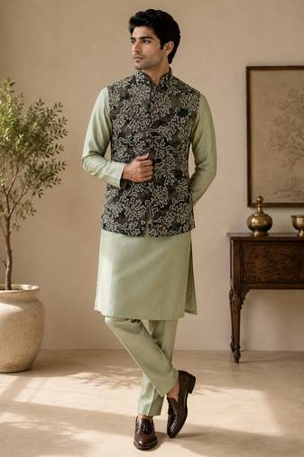 Men's silk green embroidery kurta-jacket-set