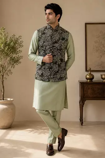 Men's silk green embroidery kurta-jacket-set