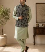 Men's silk green embroidery kurta-jacket-set