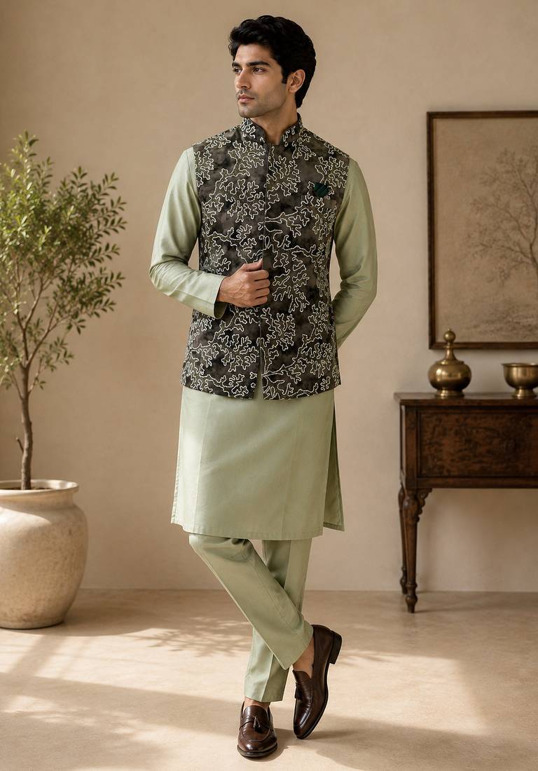 Men's silk green embroidery kurta-jacket-set