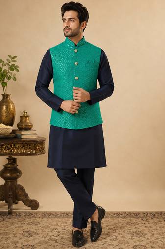 Men's silk blue embroidery kurta-jacket-set