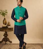 Men's silk blue embroidery kurta-jacket-set