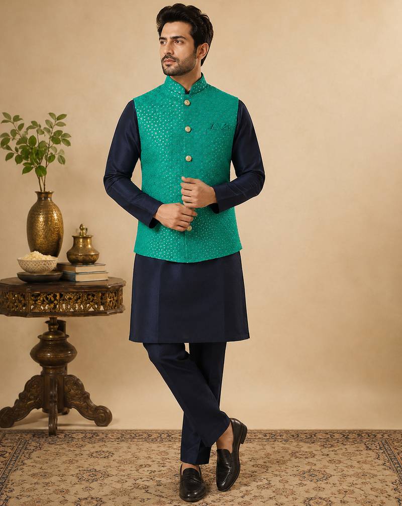 Men's silk blue embroidery kurta-jacket-set