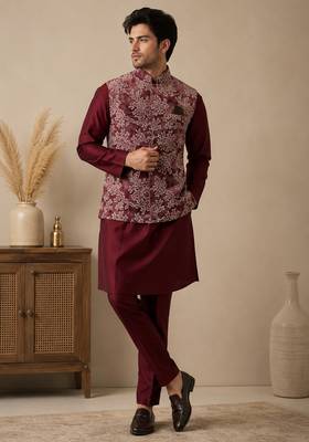 Men's silk maroon embroidery kurta-jacket-set 1