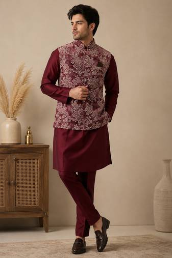 Men's silk maroon embroidery kurta-jacket-set