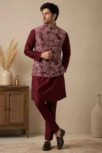 Men's silk maroon embroidery kurta-jacket-set