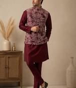 Men's silk maroon embroidery kurta-jacket-set