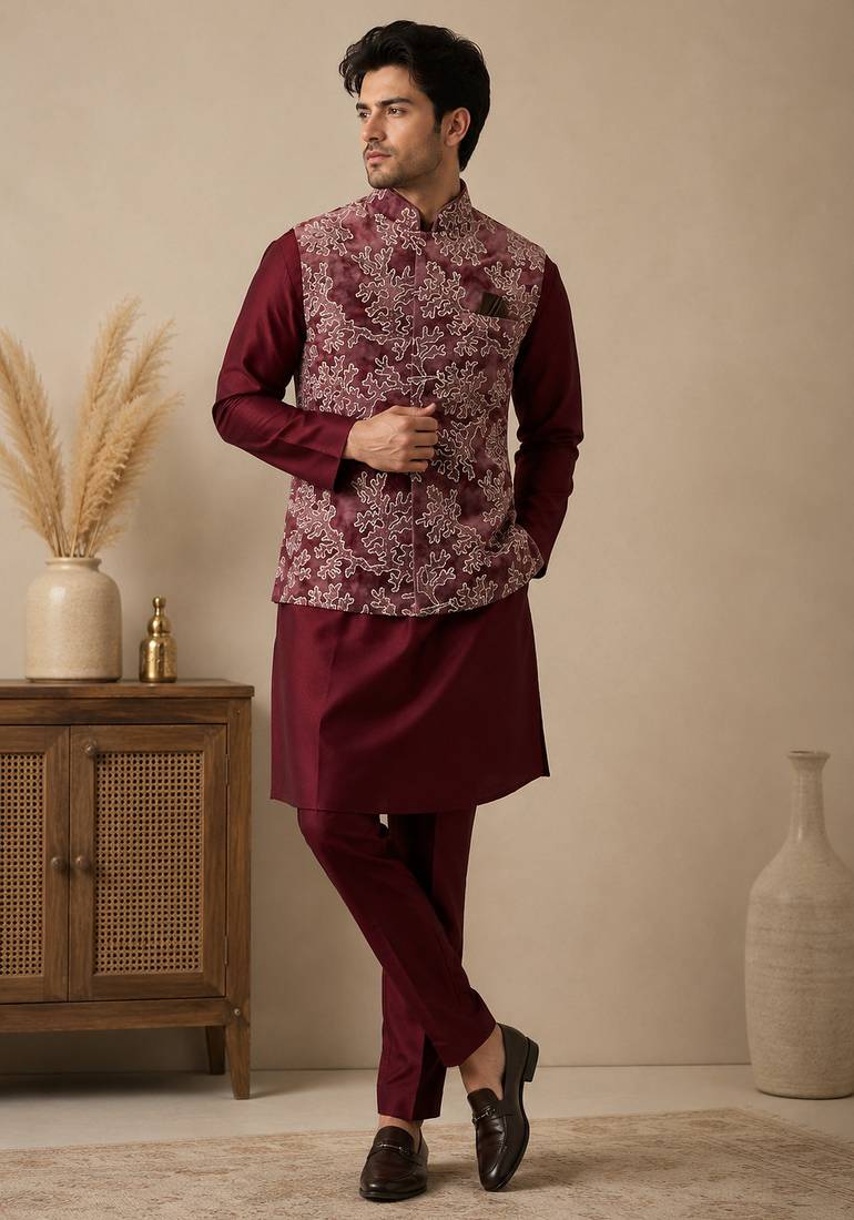 Men's silk maroon embroidery kurta-jacket-set
