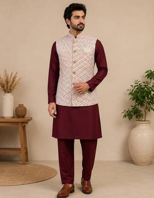 Men's silk maroon embroidery kurta-jacket-set 1