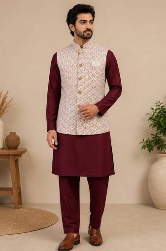 Men's silk maroon embroidery kurta-jacket-set