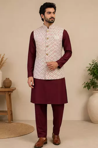 Men's silk maroon embroidery kurta-jacket-set