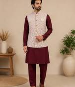 Men's silk maroon embroidery kurta-jacket-set
