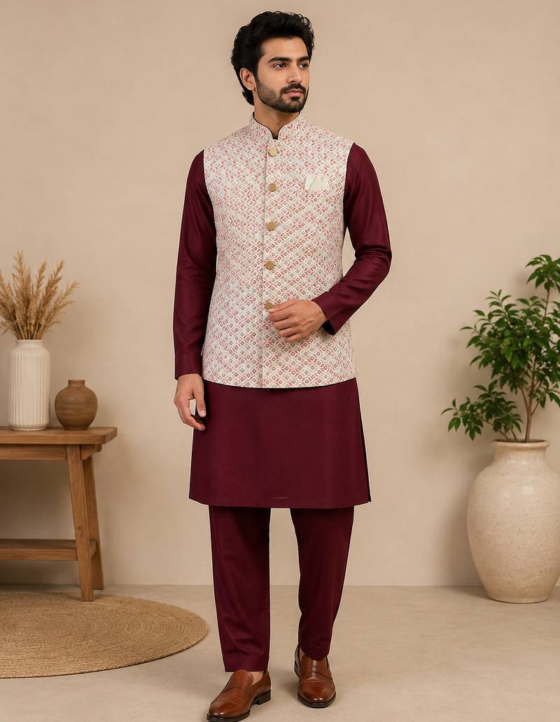 Men's silk maroon embroidery kurta-jacket-set