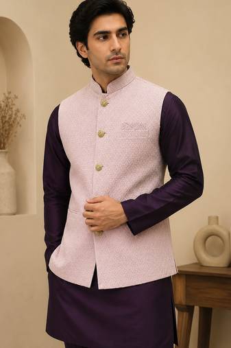 Men's silk maroon embroidery kurta-jacket-set