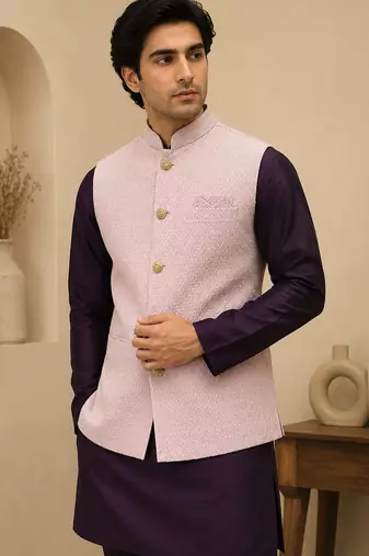 Men's silk maroon embroidery kurta-jacket-set