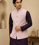 Men's silk maroon embroidery kurta-jacket-set