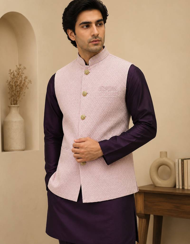 Men's silk maroon embroidery kurta-jacket-set