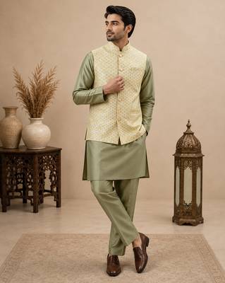 Men's silk green embroidery kurta-jacket-set 1