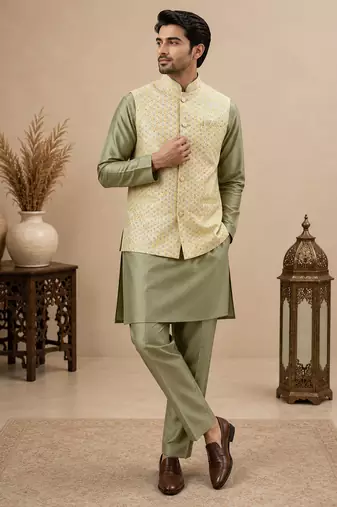 Men's silk green embroidery kurta-jacket-set
