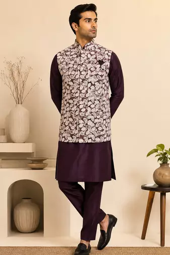 Men's silk maroon embroidery kurta-jacket-set