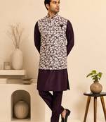 Men's silk maroon embroidery kurta-jacket-set