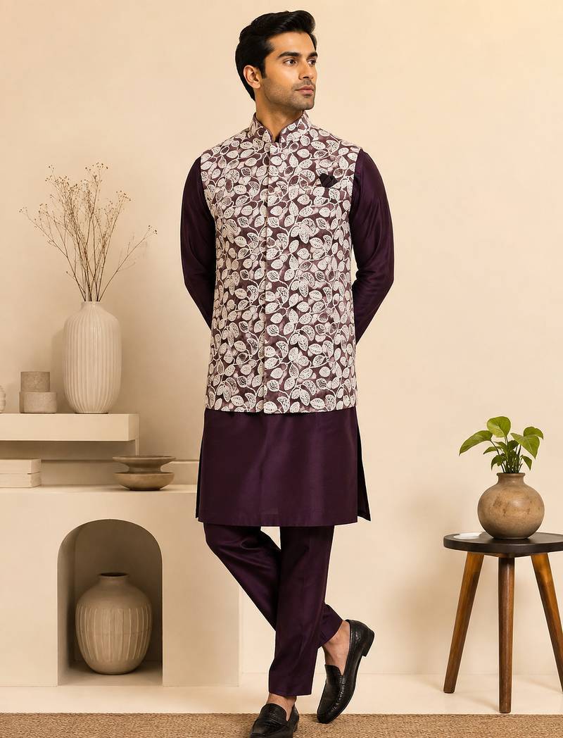 Men's silk maroon embroidery kurta-jacket-set