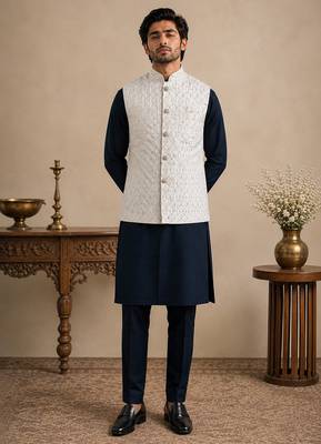 Men's silk blue embroidery kurta-jacket-set 1