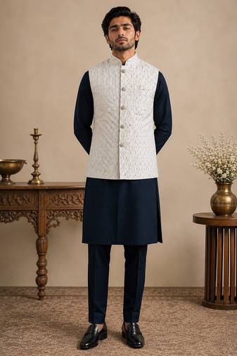 Men's silk blue embroidery kurta-jacket-set